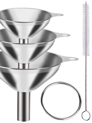 Metal Stainless Steel Funnel, Large Medium Small Funnel Set of 3, Food Grade Mini Funnels for Kitchen Use Filling Bottles Flask Cooking, 2 Brushes