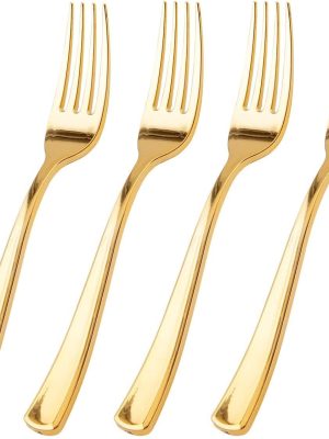 100 Pcs Gold Plastic Forks - Heavy Duty Sturdy&Durable Forks Disposable 7.4inch - Elegant Gold Forks for Dessert, Durable Plastic Cutlery for Wedding or Daily Using Valentine's Day