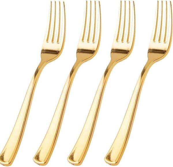 100 Pcs Gold Plastic Forks - Heavy Duty Sturdy&Durable Forks Disposable 7.4inch - Elegant Gold Forks for Dessert, Durable Plastic Cutlery for Wedding or Daily Using Valentine's Day