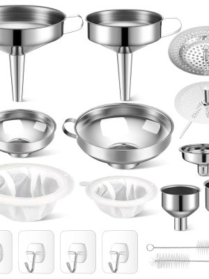 17 pcs Stainless Steel Funnel Set Wide Mouth Canning Funnels Metal Mason Jar Funnel with Strainer Kitchen Funnels for Filling Mason Jars Mesh Filter Brushes and Adhesive Hooks, Silver