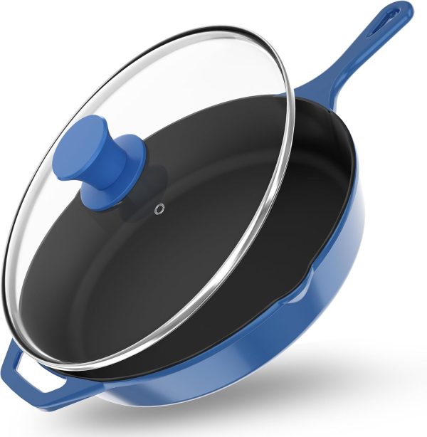 12 inch Saute Fry Pan Pre-Seasoned Cast Iron Skillet With Lid, Frying Pan, Cast Iron Pan, Safe Grill Cookware for Indoor & Outdoor Use - Cooking Gift for Men & Women (Blue)