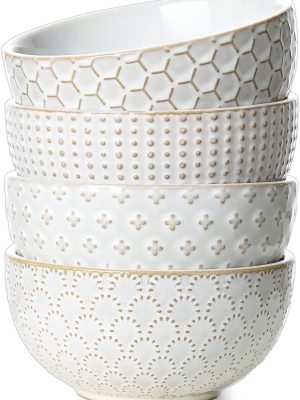 Cereal bowls 26 oz, Ceramic Soup Bowl for Kitchen, Embossment Stoneware Bowl for Pho, Chip, Fruits, Salad, Noodle, Ramen, Suit For Housewarming - 6 Inch, Set of 4, Arctic white