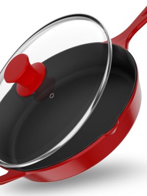 12 inch Saute Fry Pan Pre-Seasoned Cast Iron Skillet With Lid, Frying Pan, Cast Iron Pan, Safe Grill Cookware for Indoor & Outdoor Use - Cooking Gift for Men & Women (Red)