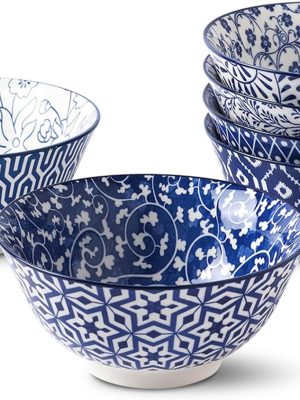 Blue and White Porcelain 20oz Cereal Bowl Set - Set of 6, 6 inch Soup Bowls, Ceramic bowls for Cereal, Soup, Salad and Pasta, Vintage Blue