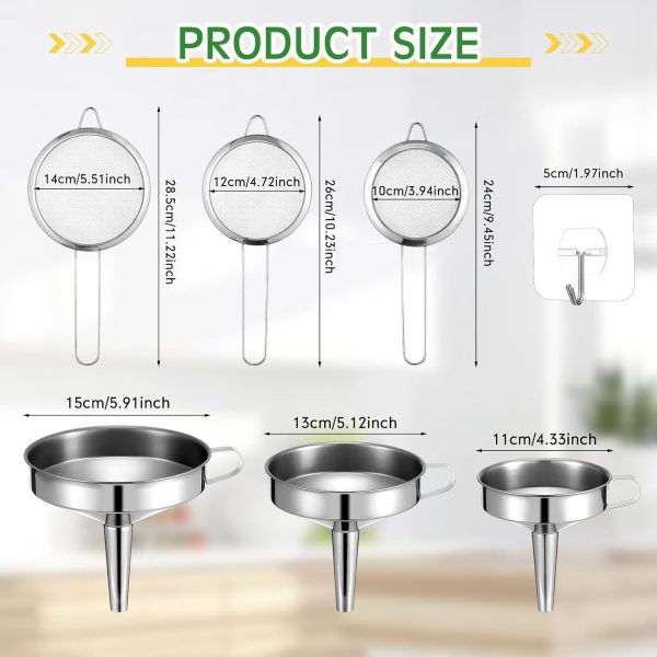 6 Pcs Stainless Steel Funnels with Fine Mesh Strainer and 6 Pcs Adhesive Hooks,Household Kitchen Canning Funnels Stainless Steel Colander Kitchen Mesh Food Filter Strainer