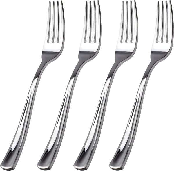 100 Piece Silver Plastic Forks - 7.4inch Silver Forks Disposable - Plastic Silverware for Dessert Cake - Heavy Duty Plastic Cutlery for Christmas Party or Daily Using