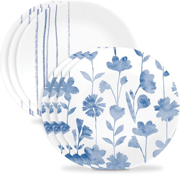 6-Piece 8.5"  Glass Lunch Plates Lightweight, Scratch Resistant - Botanical Stripes