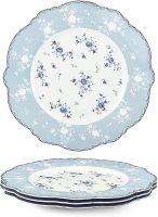 10 Inch Porcelain Dinner Plates Set of 4, Lace Dishes Set for Salad, Pasta, Soup, Dessert, Blue Roses