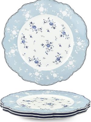 10 Inch Porcelain Dinner Plates Set of 4, Lace Dishes Set for Salad, Pasta, Soup, Dessert, Blue Roses