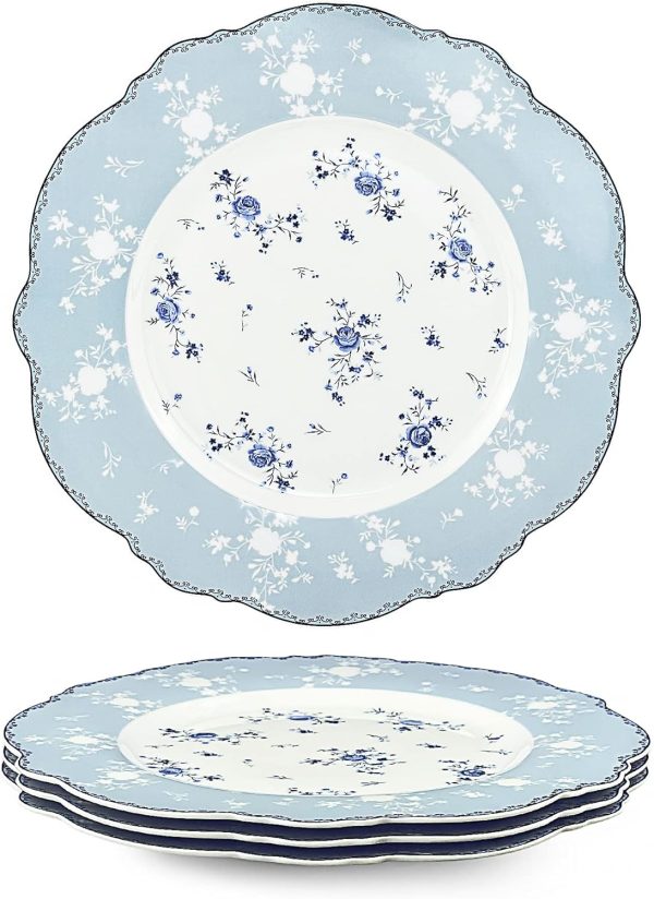 10 Inch Porcelain Dinner Plates Set of 4, Lace Dishes Set for Salad, Pasta, Soup, Dessert, Blue Roses