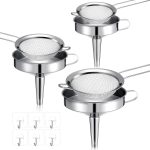6 Pcs Stainless Steel Funnels with Fine Mesh Strainer and 6 Pcs Adhesive Hooks,Household Kitchen Canning Funnels Stainless Steel Colander Kitchen Mesh Food Filter Strainer