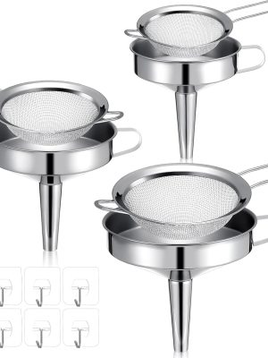 6 Pcs Stainless Steel Funnels with Fine Mesh Strainer and 6 Pcs Adhesive Hooks,Household Kitchen Canning Funnels Stainless Steel Colander Kitchen Mesh Food Filter Strainer