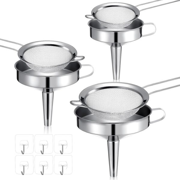 6 Pcs Stainless Steel Funnels with Fine Mesh Strainer and 6 Pcs Adhesive Hooks,Household Kitchen Canning Funnels Stainless Steel Colander Kitchen Mesh Food Filter Strainer