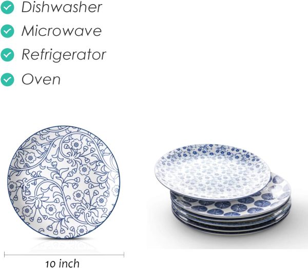 10 inch Porcelain Dinner Plates, Large Size Ceramic Plates for Salad, Pancakes, Scratch Resistant, Microwave, Oven and Dishwasher Safe Plates Set of 6, Vintage Blue