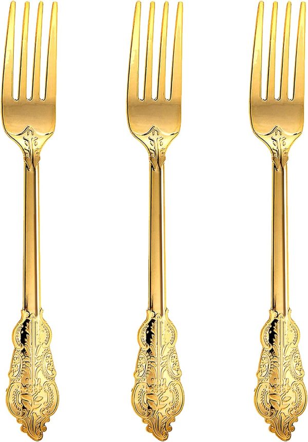 100PCS Gold Plastic Forks, 7.48inch Disposable Gold Plastic Silverware, Heavy Duty Plastic Forks for Parties, Weddings and Events