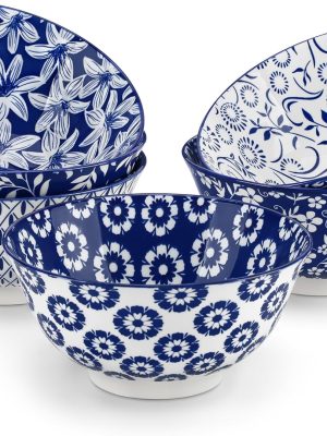 24 oz Cereal Bowls set of 6, Ceramic Soup Bowls for Kitchen, Dishwasher & Microwave Oven Safe- for Cereal, Soup, Pasta, Salad, Blue & White Floral Design Bowl Set
