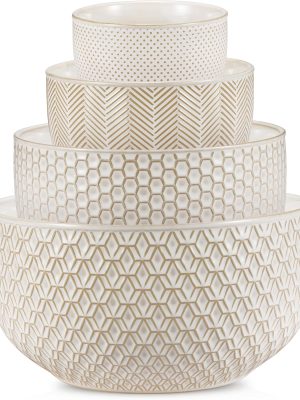 Ceramic Mixing Bowls, Nesting Set of 4, Embossed Kitchen Dishware, Prep, Serving, Gift, Microwave and Dishwasher Safe, 20/44/98/145 oz, Narbonne Collection (Ivory)