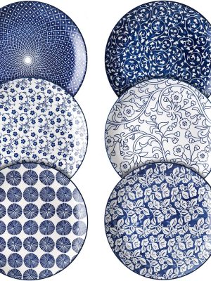 10 inch Porcelain Dinner Plates, Large Size Ceramic Plates for Salad, Pancakes, Scratch Resistant, Microwave, Oven and Dishwasher Safe Plates Set of 6, Vintage Blue